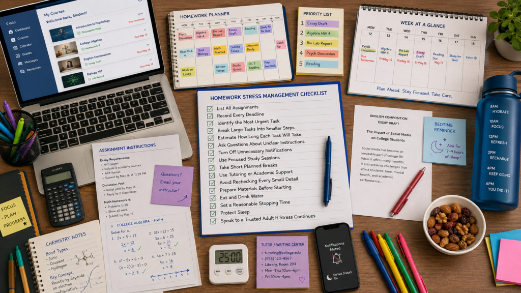 Homework stress checklist with planning tools deadlines study timer and sleep reminder
