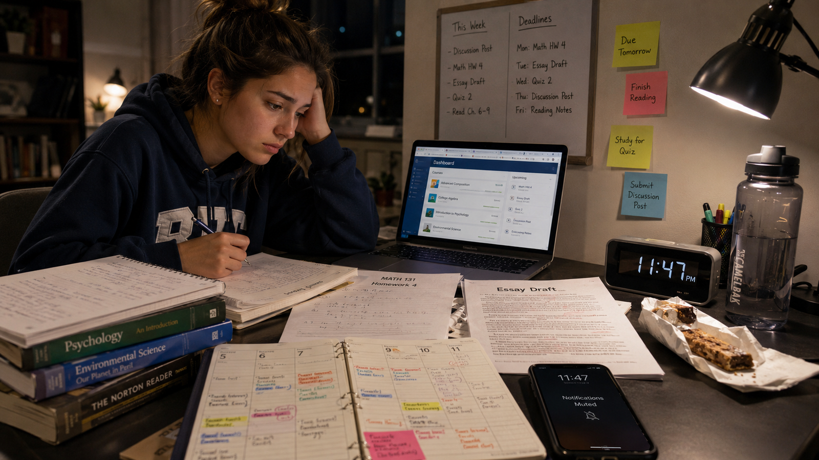 College student feeling stressed by multiple homework assignments and overlapping deadlines
