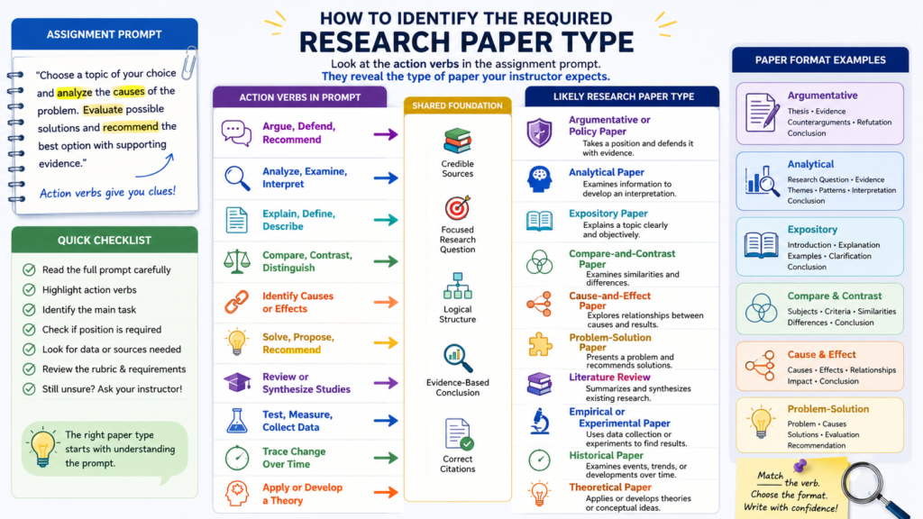 Assignment verbs matched with different types of research papers