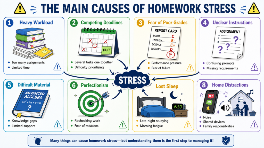 Main causes of homework stress including workload deadlines grades and sleep loss
