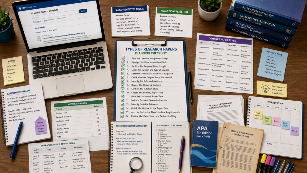 Types of research papers checklist with assignment prompt sources and planning materials