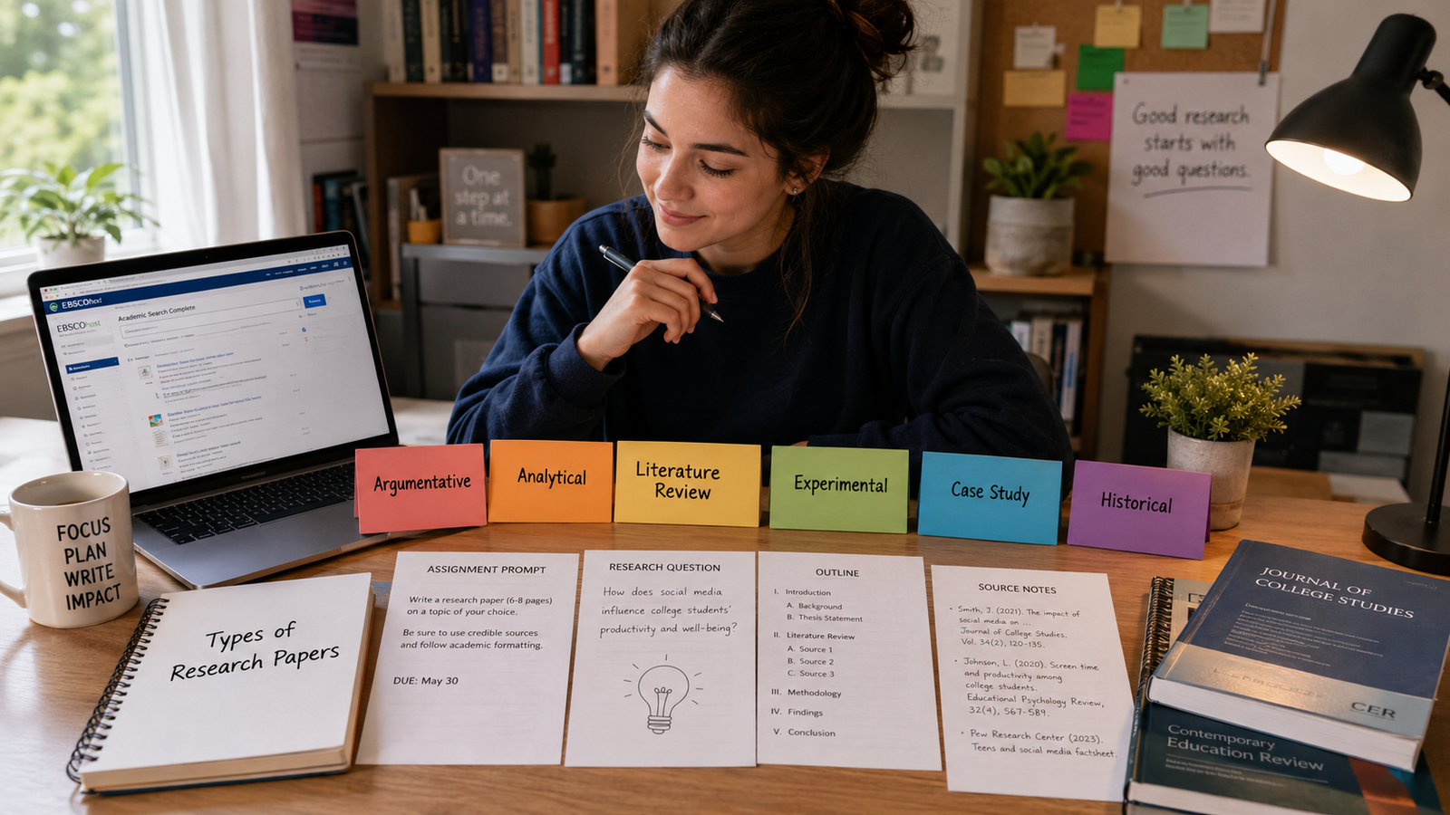 College student comparing different types of research papers and assignment formats