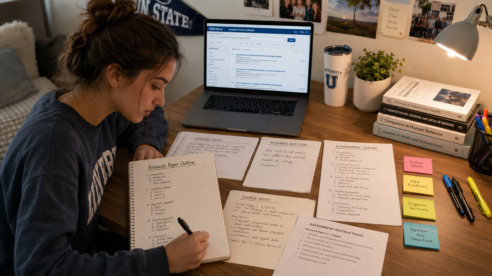 College student organizing a research paper outline with sources and a working thesis
