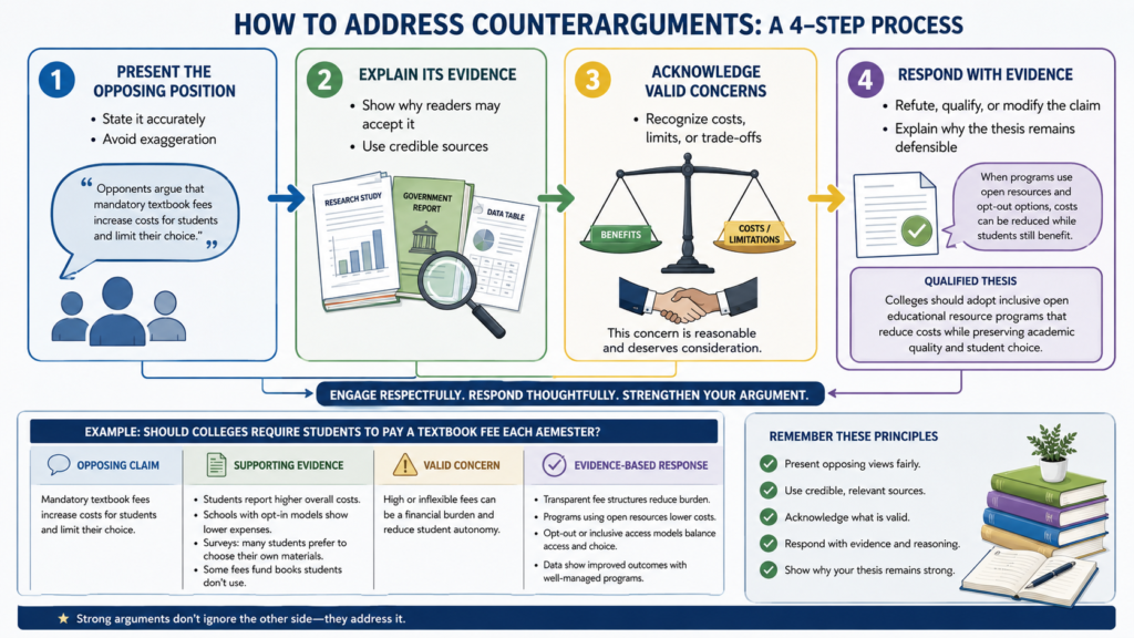 Four-step process for addressing counterarguments in an argumentative paper