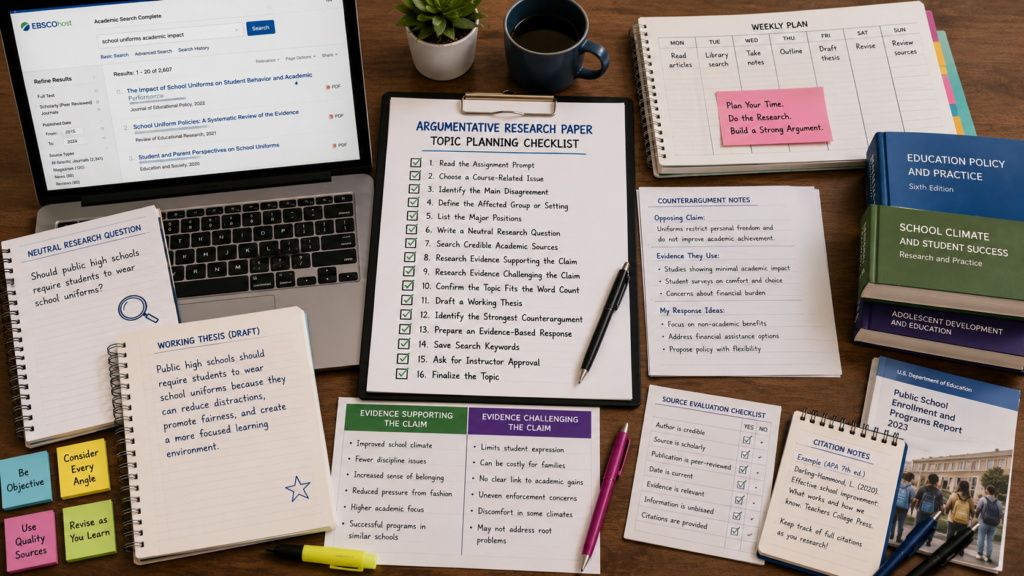 Argumentative research paper topic checklist with evidence and thesis-planning materials
