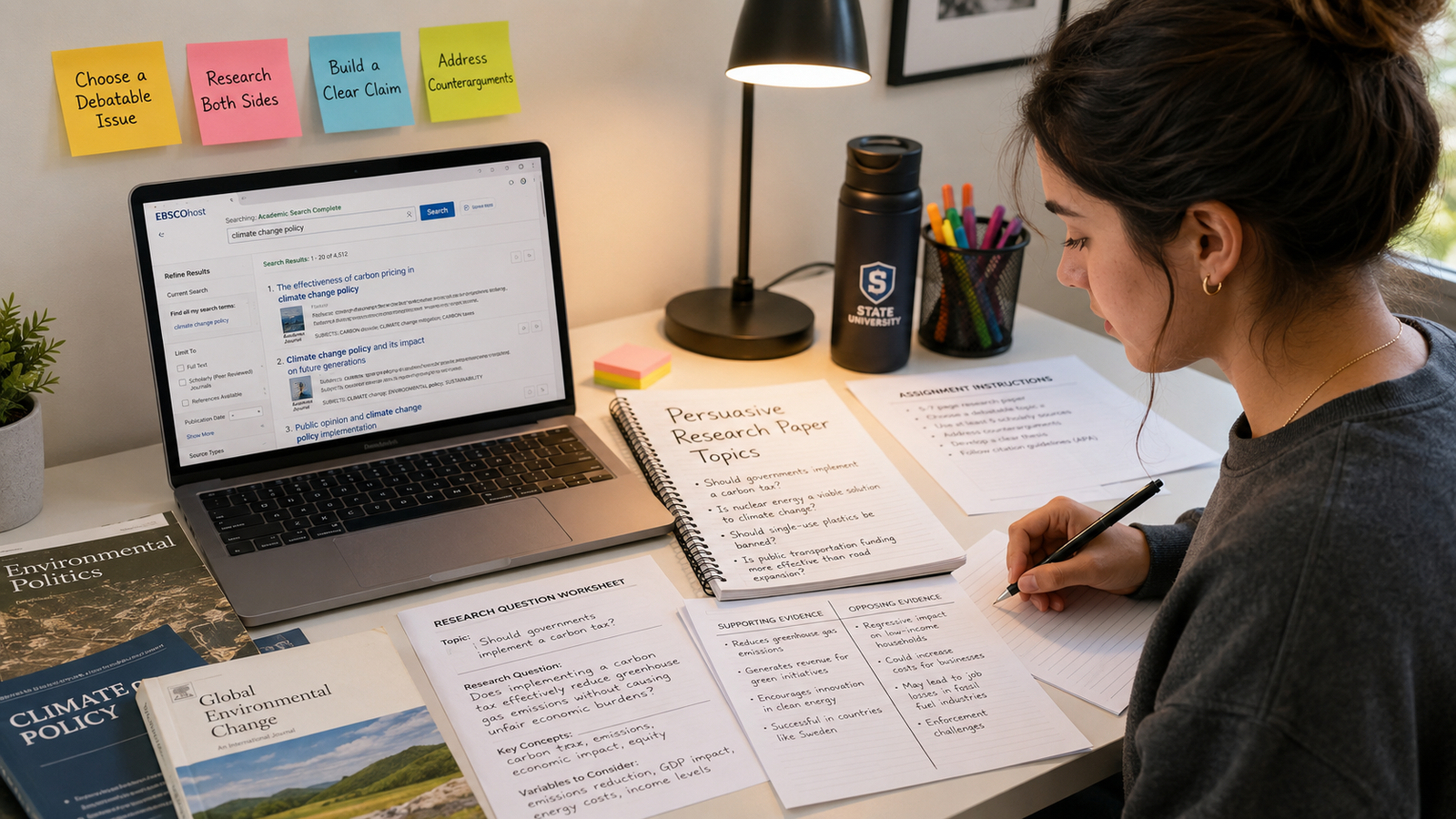 College student choosing a persuasive research paper topic and comparing evidence