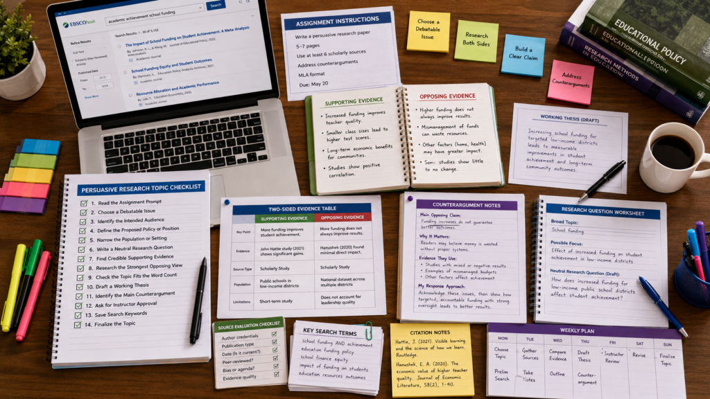 Persuasive research paper topic checklist with evidence and planning materials