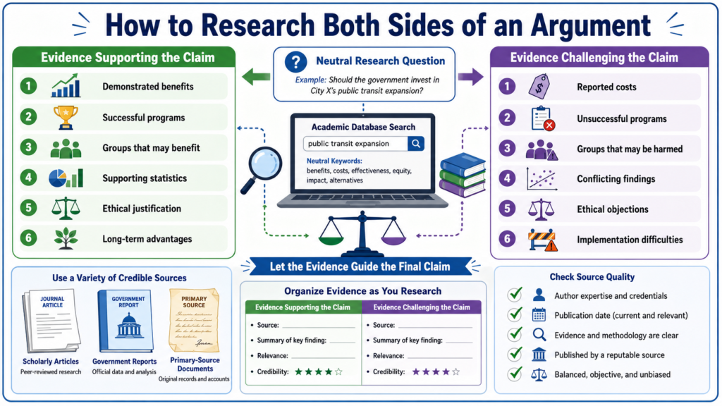 Supporting and opposing evidence table for an argumentative research paper