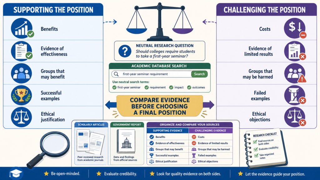 Supporting and opposing evidence comparison for a persuasive research paper