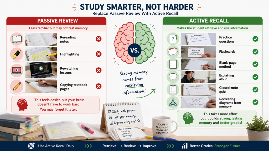 Passive studying versus active recall methods for improving grades