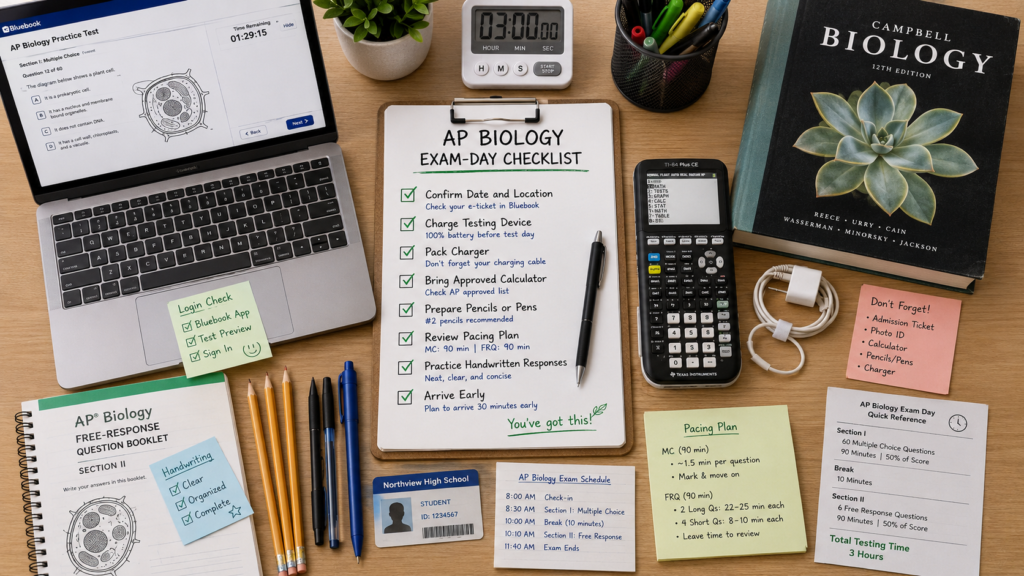 AP Biology exam-day checklist with device calculator and study materials