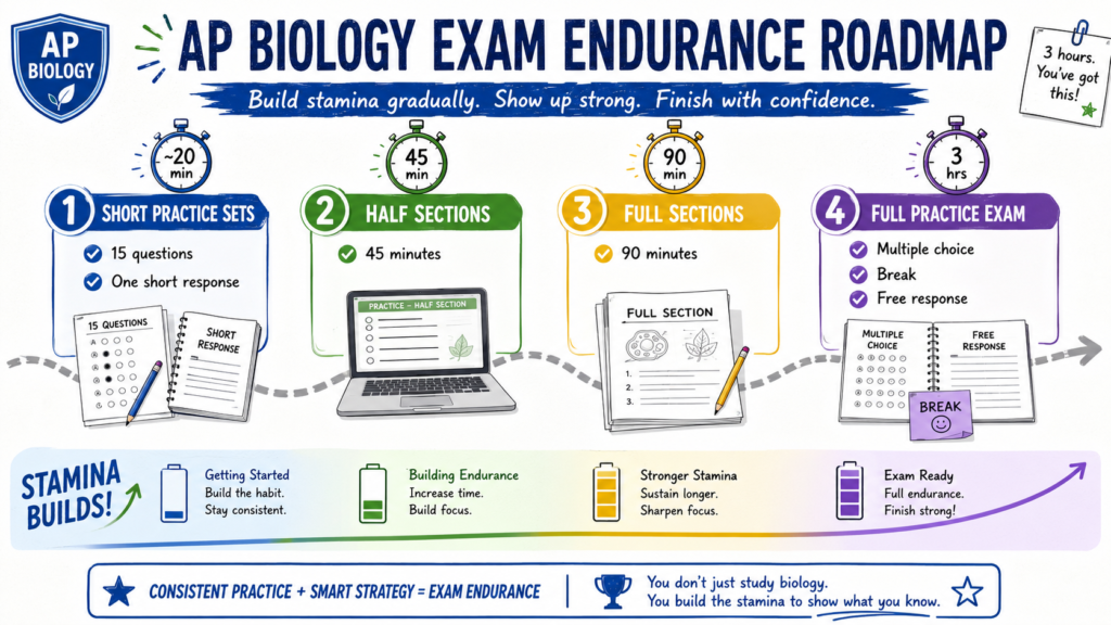 AP Biology exam endurance plan from short practice to full timed exam