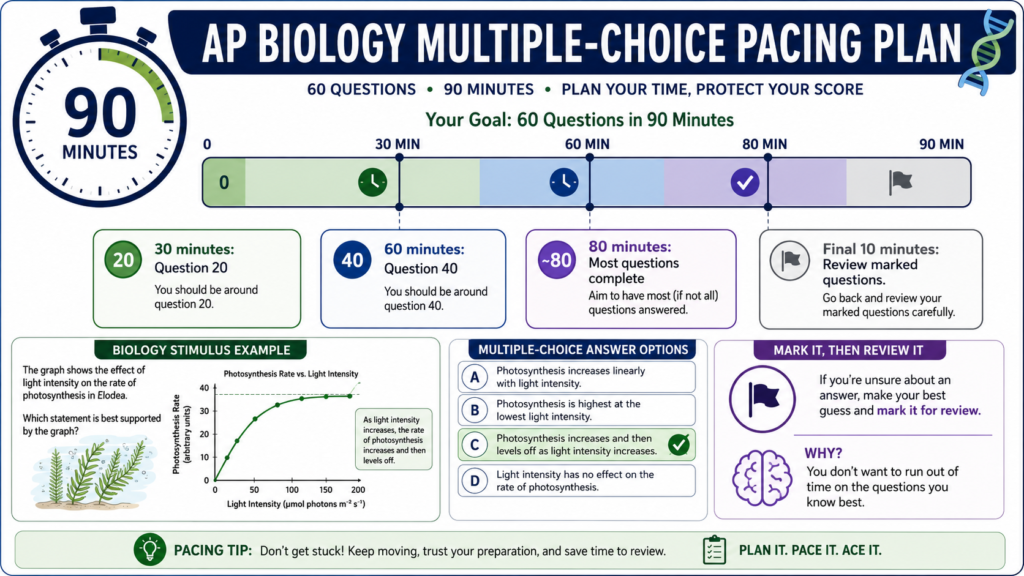 AP Biology multiple-choice pacing plan for 60 questions in 90 minutes