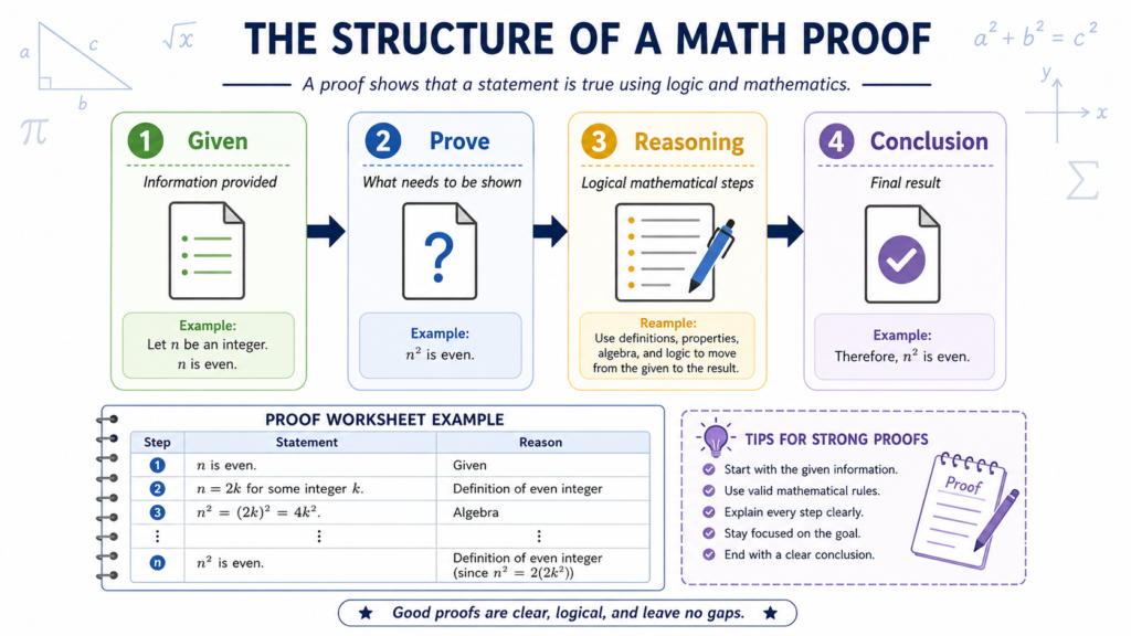 Basic structure and steps used to write a math proof
