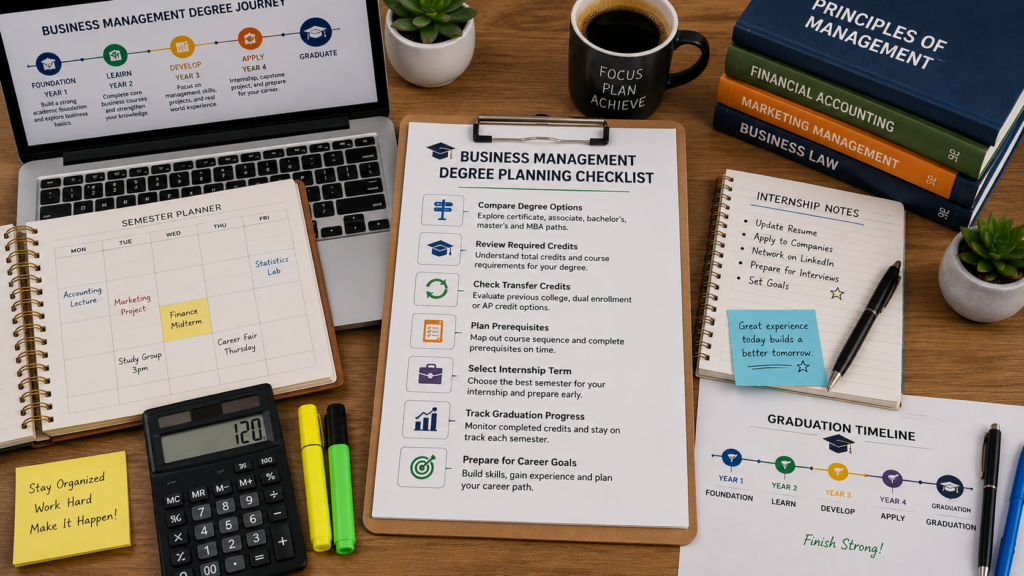 Business management degree planning checklist for college students