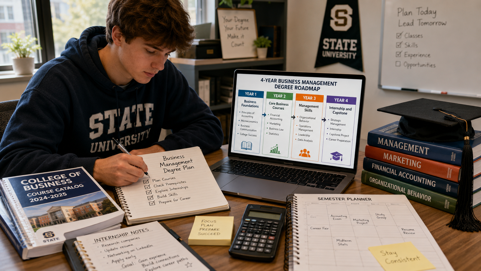 College student planning a four-year business management degree timeline