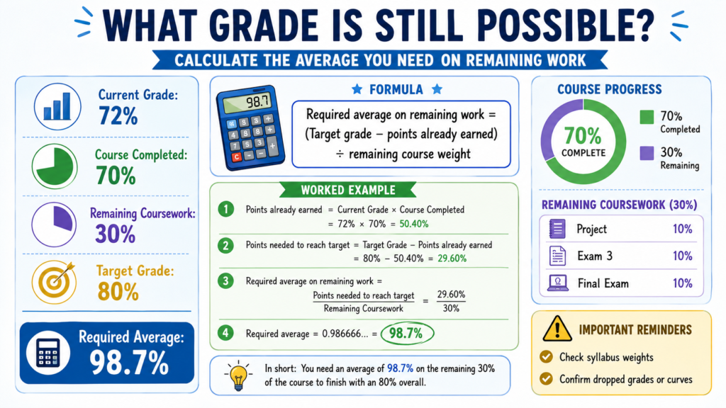 Student grade calculator showing the score needed on remaining coursework