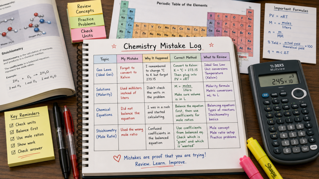 Student reviewing chemistry mistakes using an error log