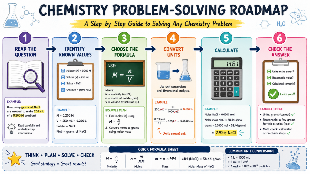 Step-by-step chemistry problem-solving process for students