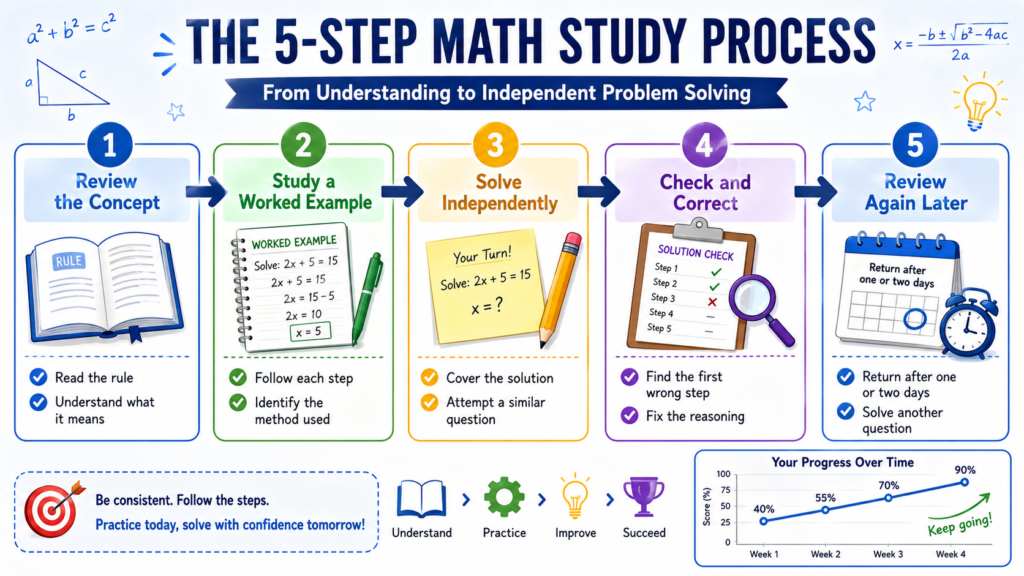 Five-step math study process from concept review to independent problem-solving
