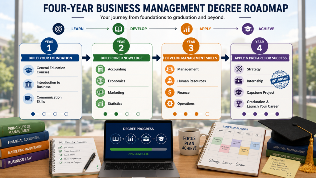 Four-year business management degree roadmap for college students