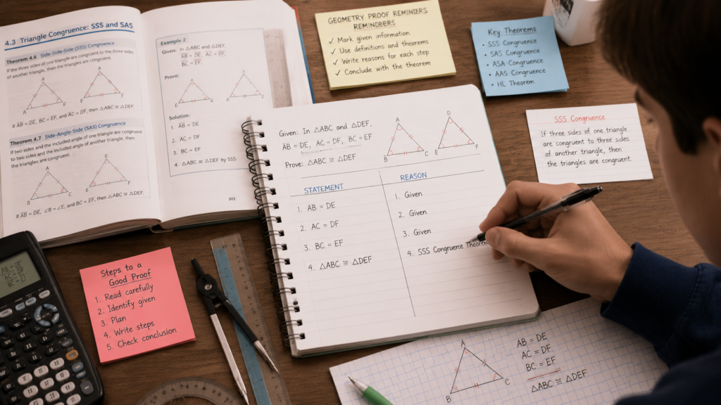 Student writing geometry proof with diagrams and logical steps
