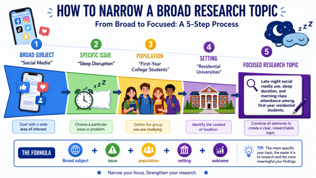 Example of narrowing a broad subject into a focused research paper topic