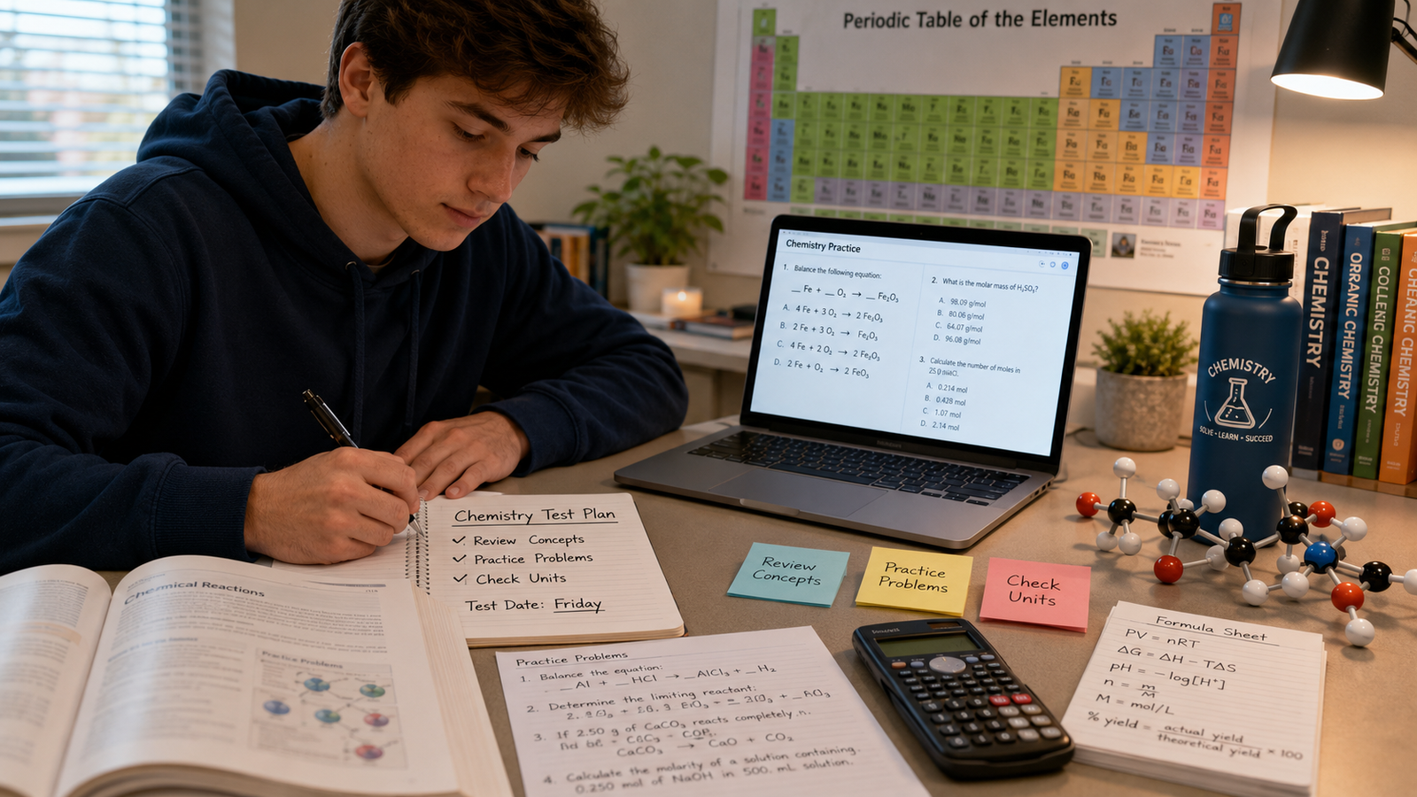 A realistic U.S. high school or college student preparing for a chemistry test in a modern study space.