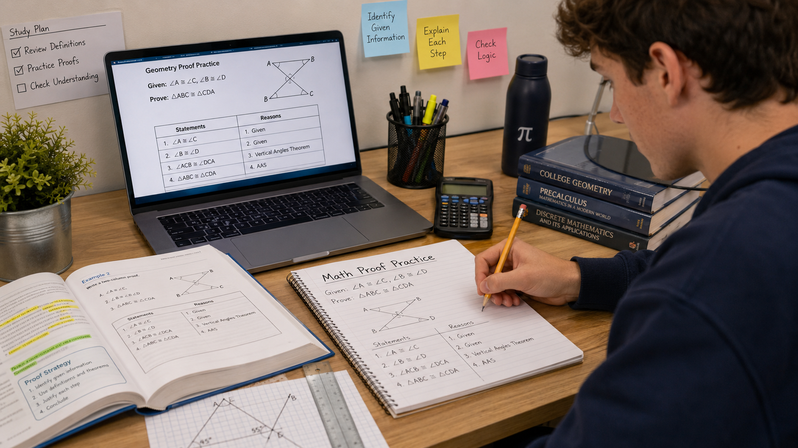Student learning how to write math proofs with step-by-step problem solving