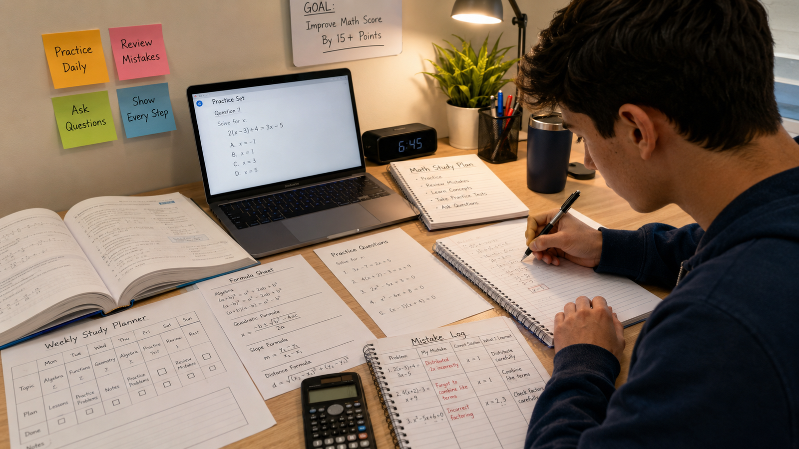 Student using effective math study tips to practice problems and improve scores