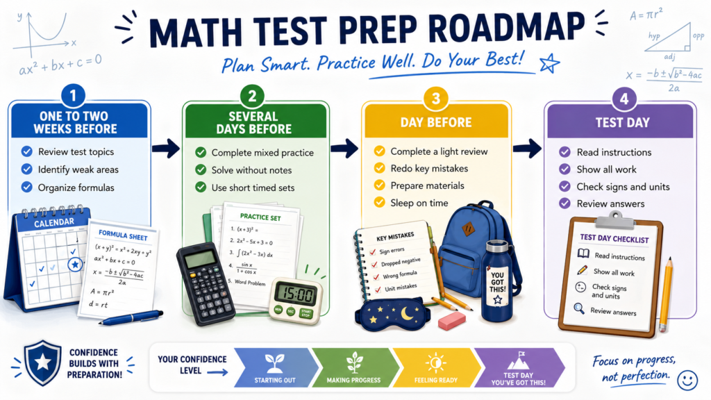 Math test preparation timeline from early review to test day