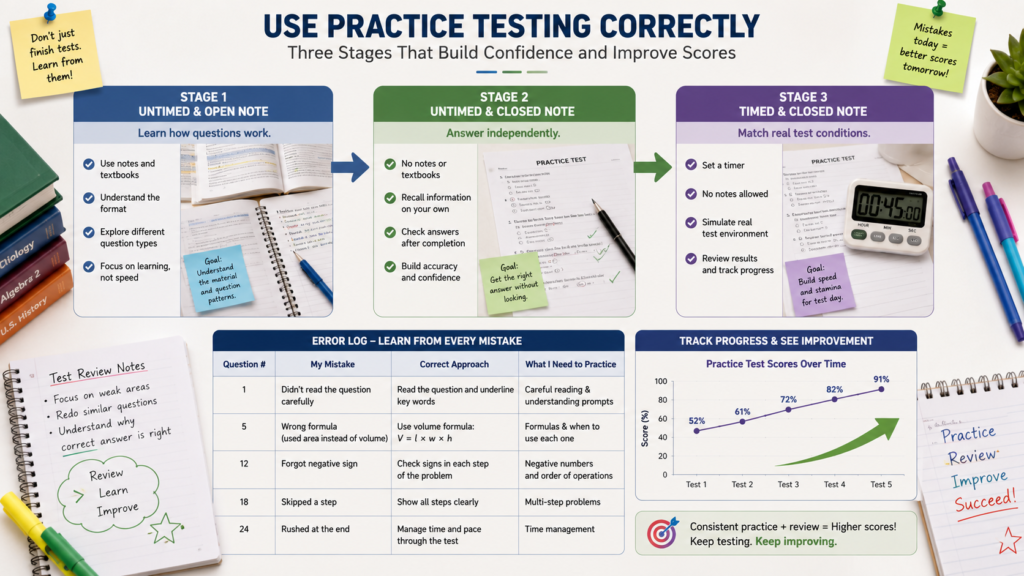 Three-stage practice testing method for improving student grades