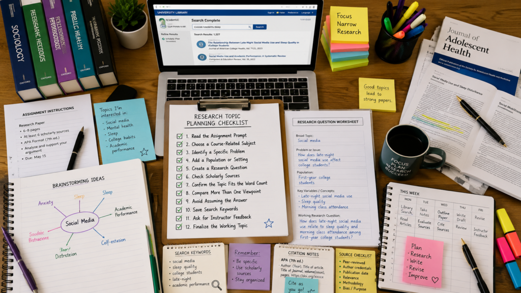 Research paper topic checklist with academic sources and planning materials