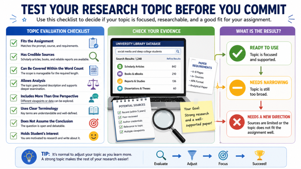 Research topic evaluation checklist for testing assignment fit and source availability