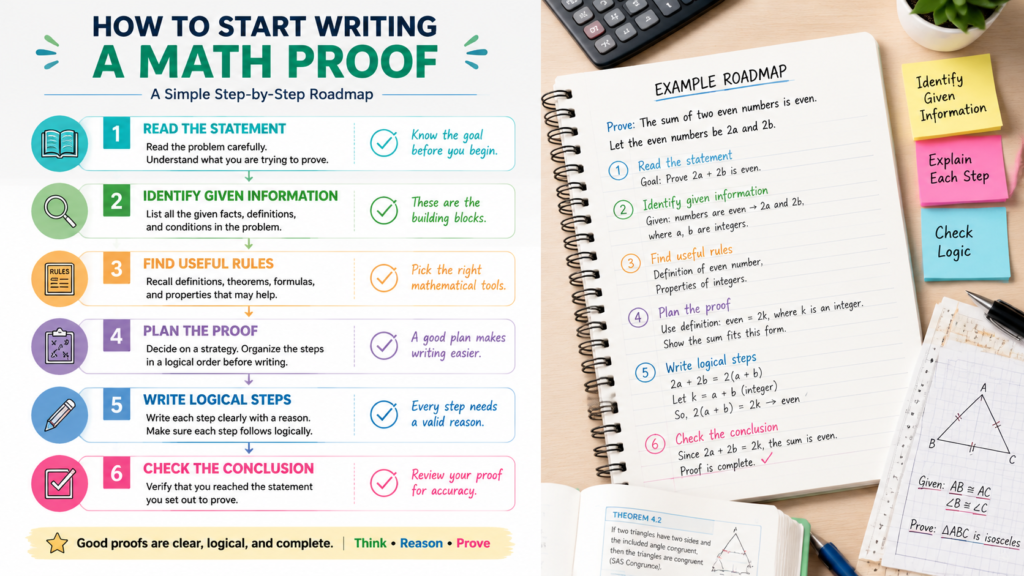Step-by-step process for starting and writing a math proof
