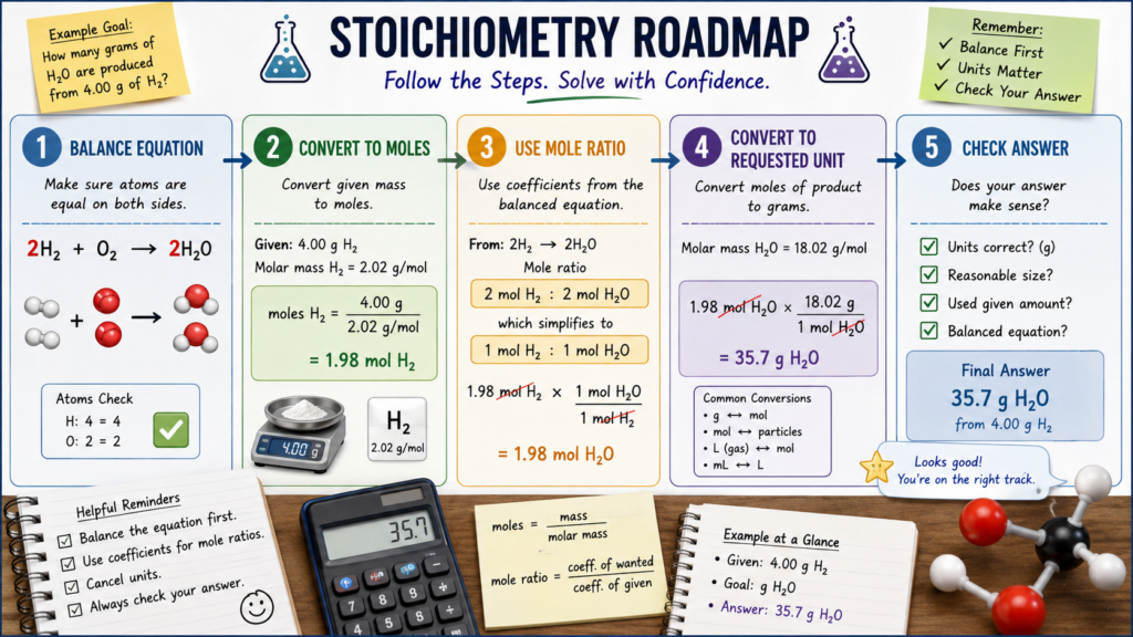 Stoichiometry steps for solving chemistry calculation problems