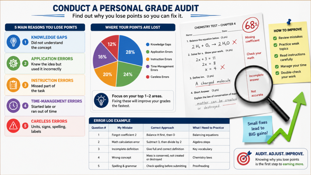 Student grade audit showing common reasons for lost points