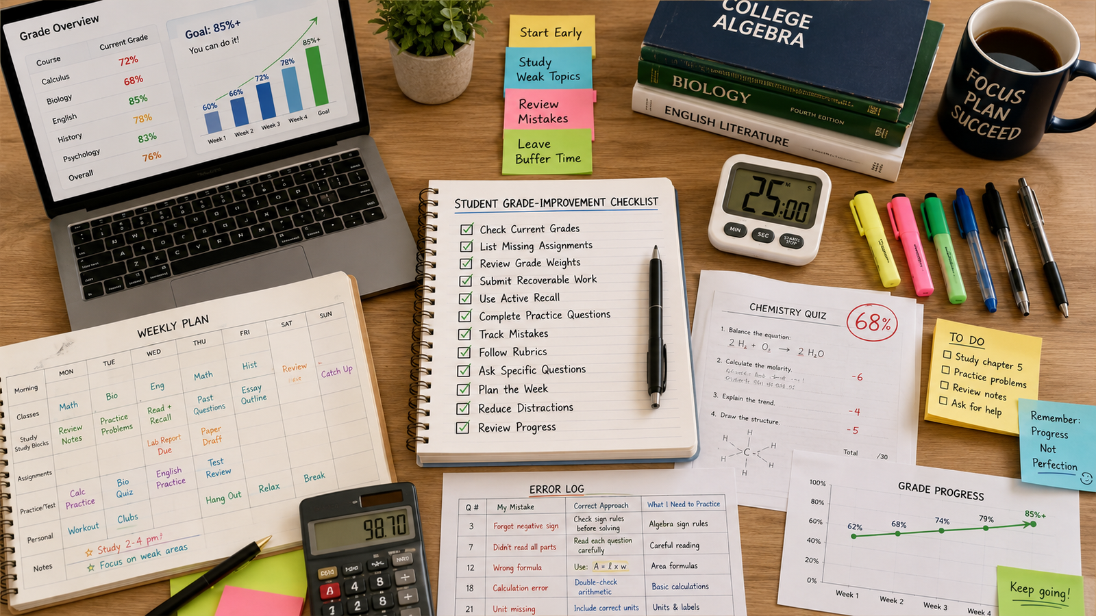 Student grade-improvement checklist with study planner and school materials