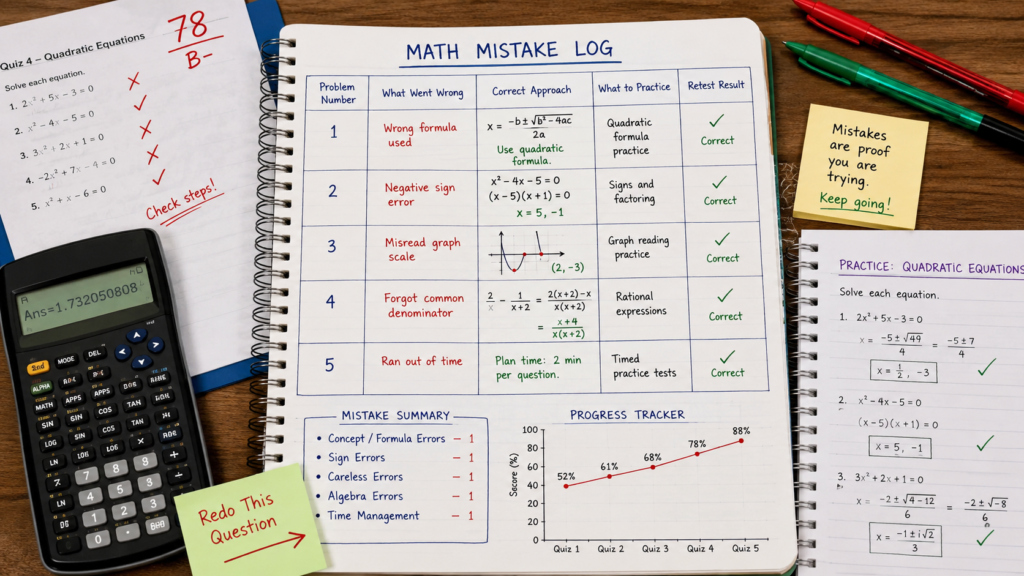 Student math mistake log with corrected problems and practice goals