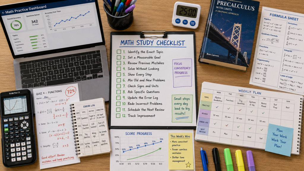 Math study checklist with calculator, practice sheets, planner, and mistake log