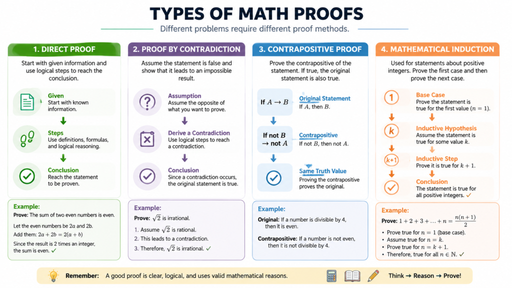 Different types of math proofs including direct and contradiction methods