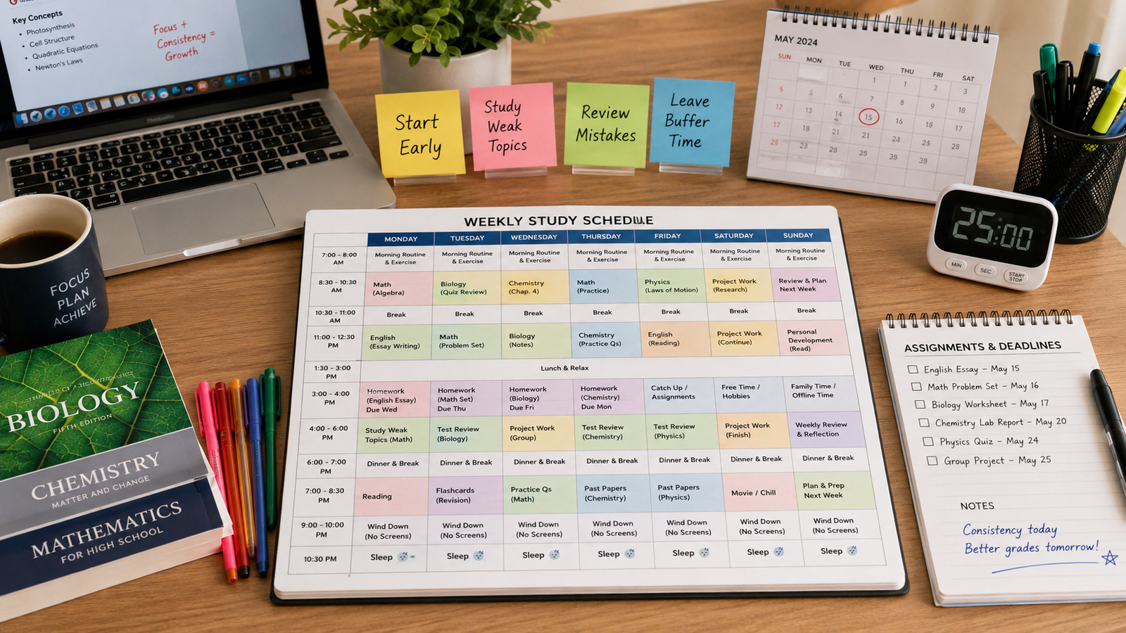 Realistic weekly study schedule for students trying to improve grades