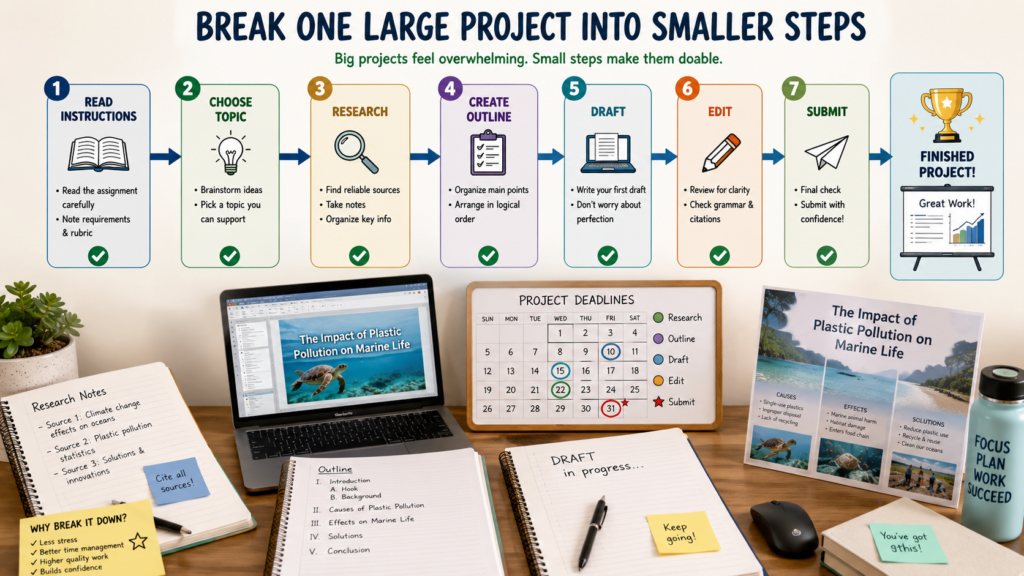 Student breaking a large school project into smaller manageable steps