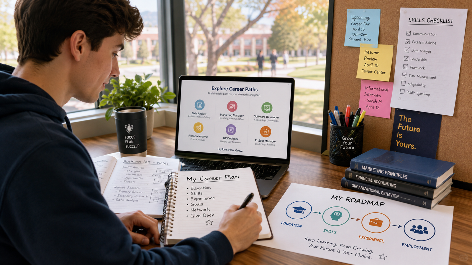 College student exploring career options and creating a career development plan