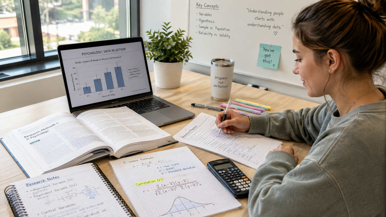 Psychology student studying statistics and research data at a college desk