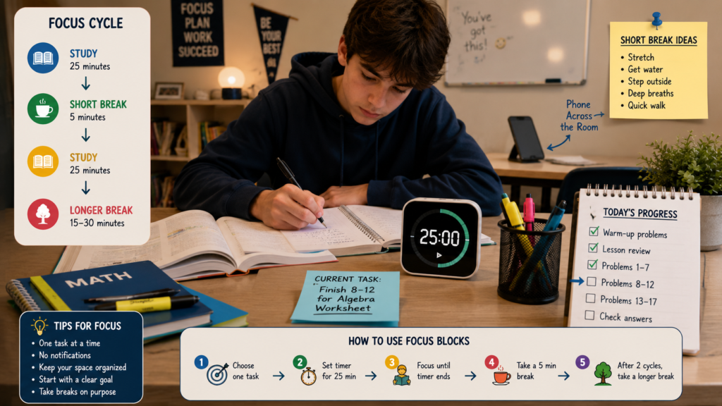 High school student using focused study blocks to complete homework