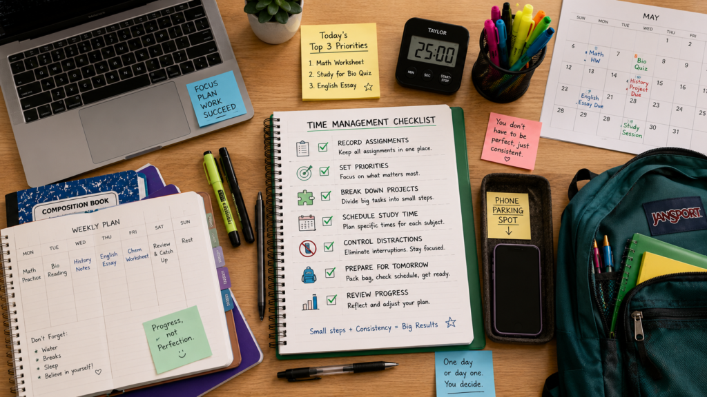 Time management checklist for high school students planning homework and deadlines