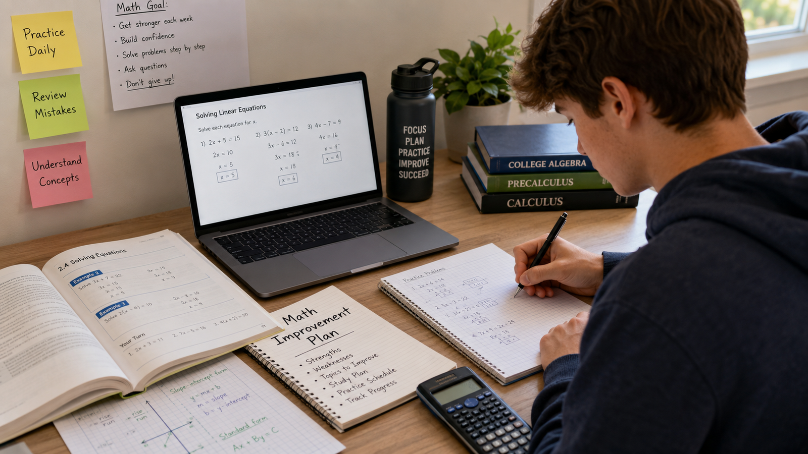 Student improving math skills with practice exercises and study strategies