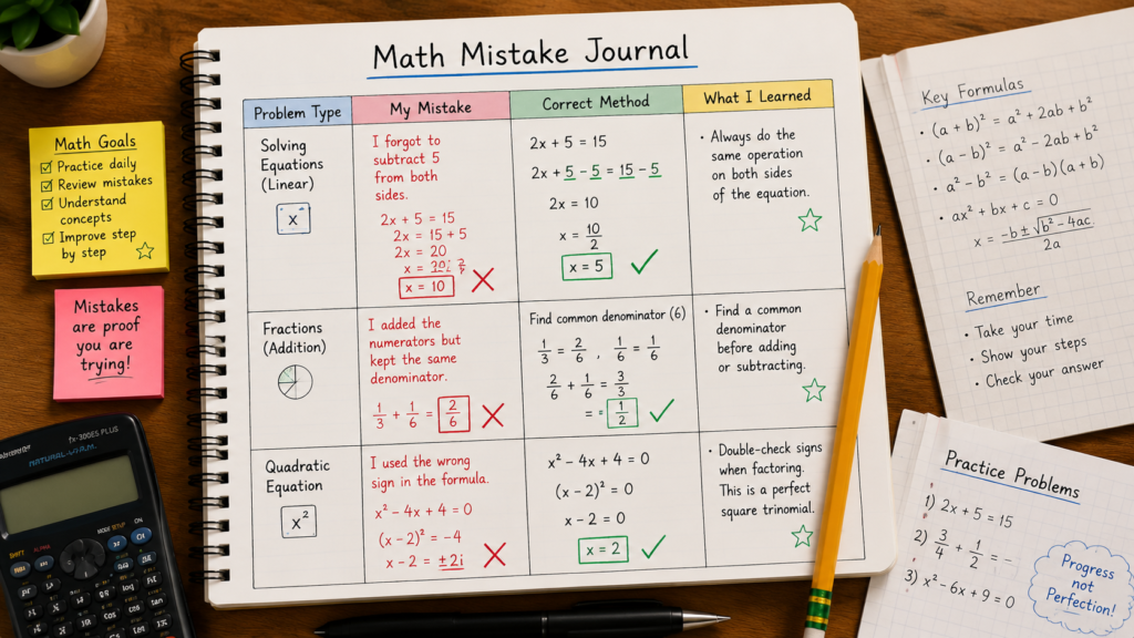 Student reviewing math mistakes using an error analysis worksheet