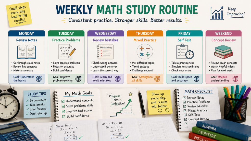 Weekly math study routine and practice schedule for students